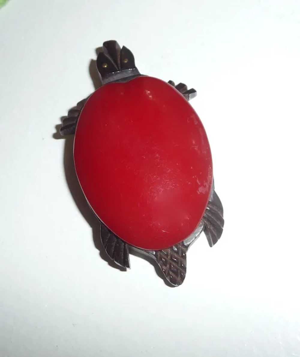 Vintage Red Bakelite and Wood Carved Turtle Pin B… - image 4