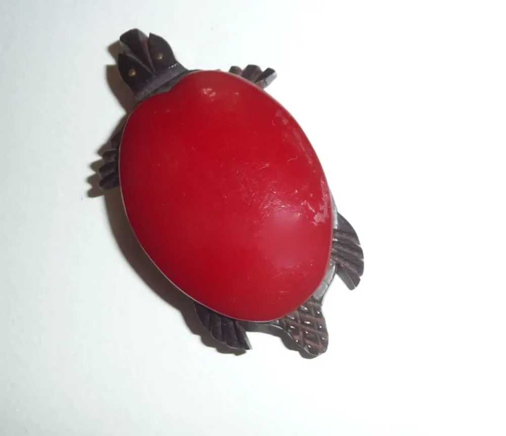 Vintage Red Bakelite and Wood Carved Turtle Pin B… - image 5