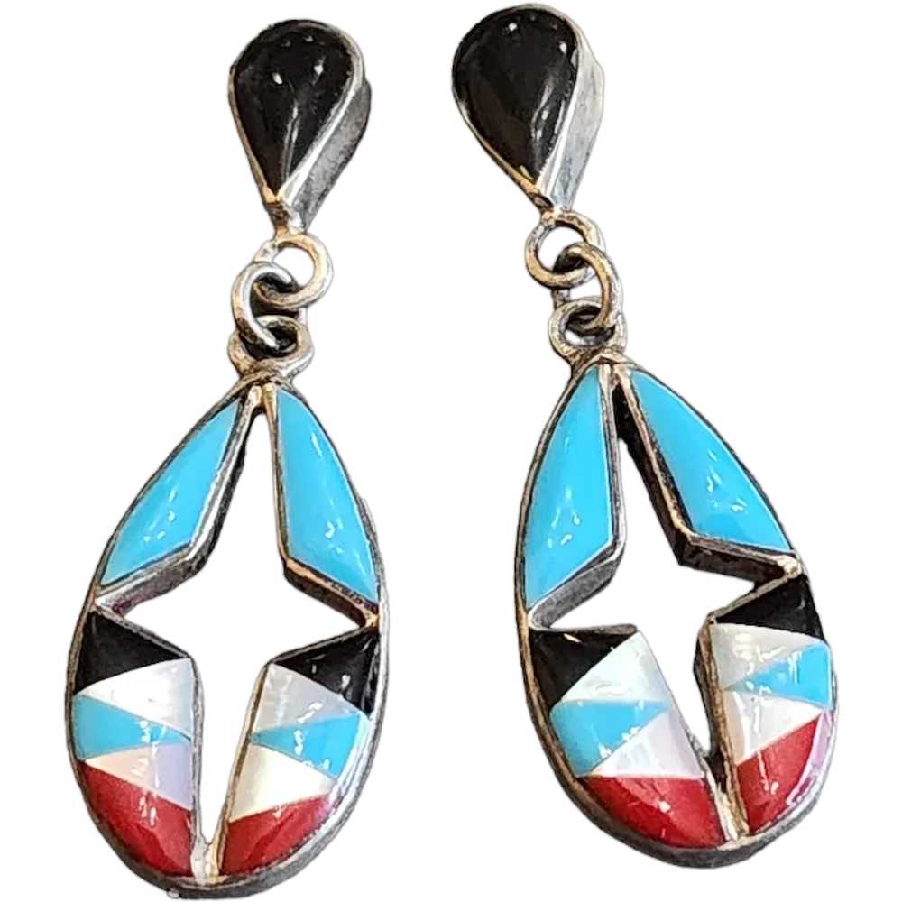 Vintage Zuni Signed Sterling Earrings with Turquo… - image 1