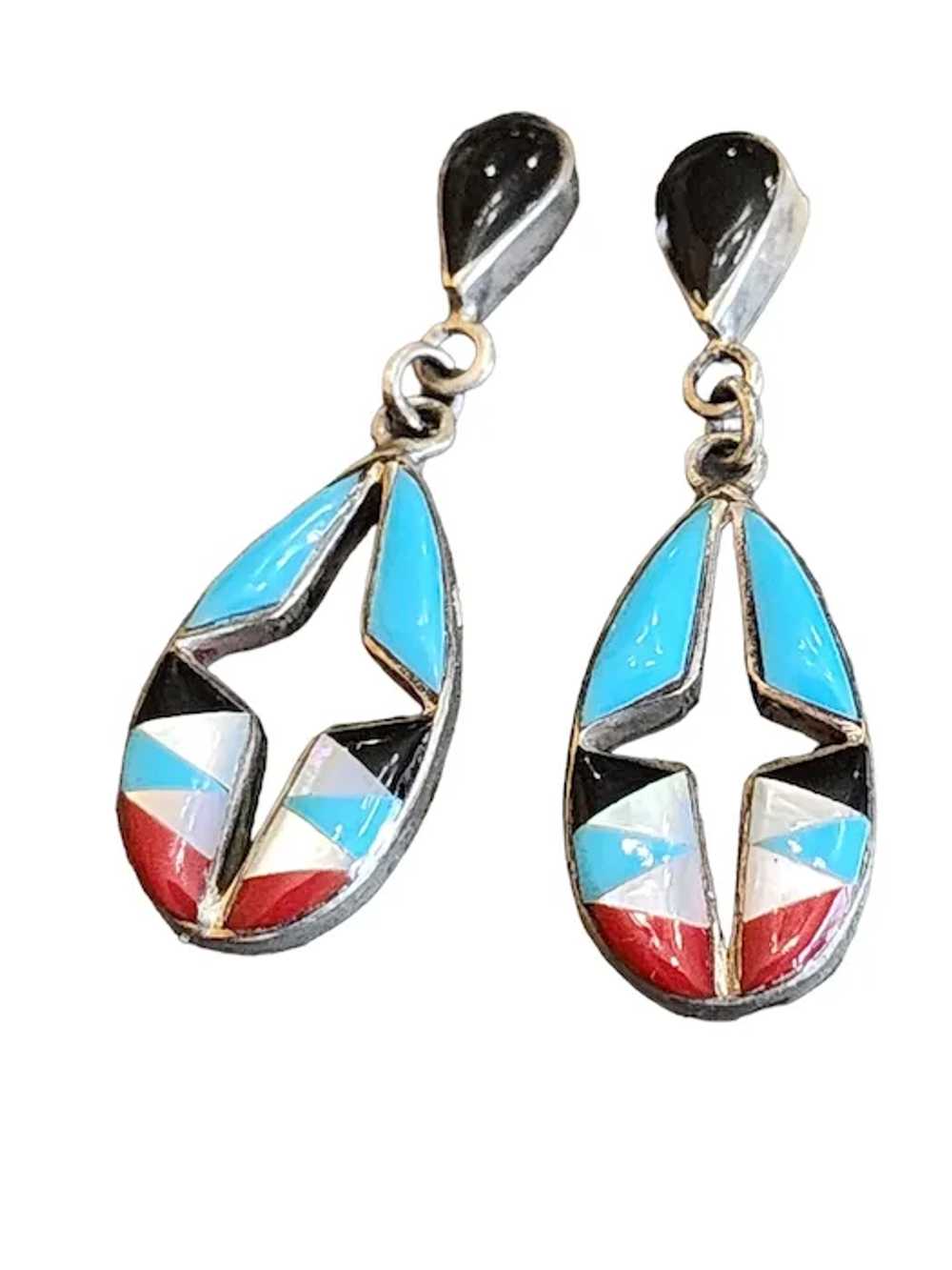 Vintage Zuni Signed Sterling Earrings with Turquo… - image 2