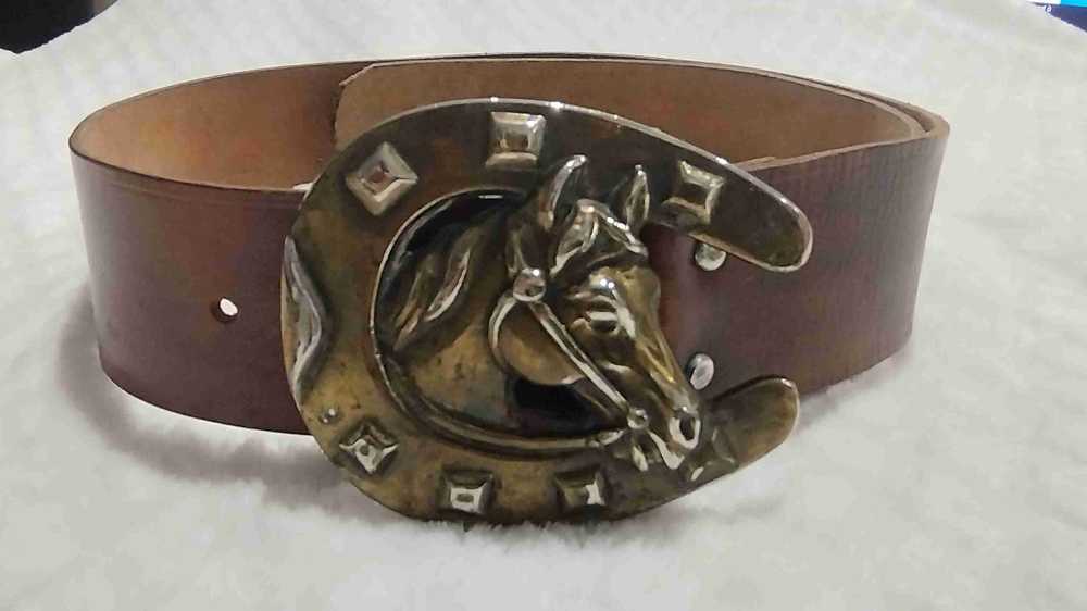 Leather belt - Brown leather belt Horse head buck… - image 6