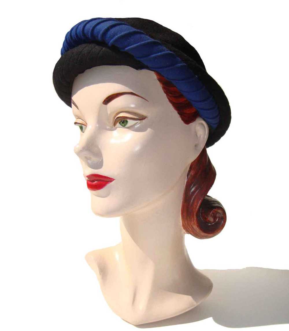 Vintage 40s Turban Hat Black & Blue Wool – Sadie … - image 1