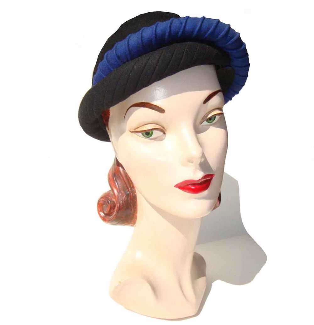 Vintage 40s Turban Hat Black & Blue Wool – Sadie … - image 2