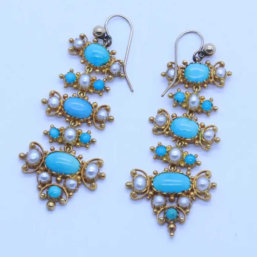 Antique Victorian Earrings 18k Gold Turquoise Pea… - image 2