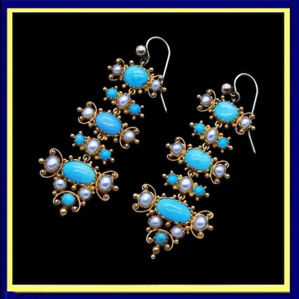 Antique Victorian Earrings 18k Gold Turquoise Pea… - image 6