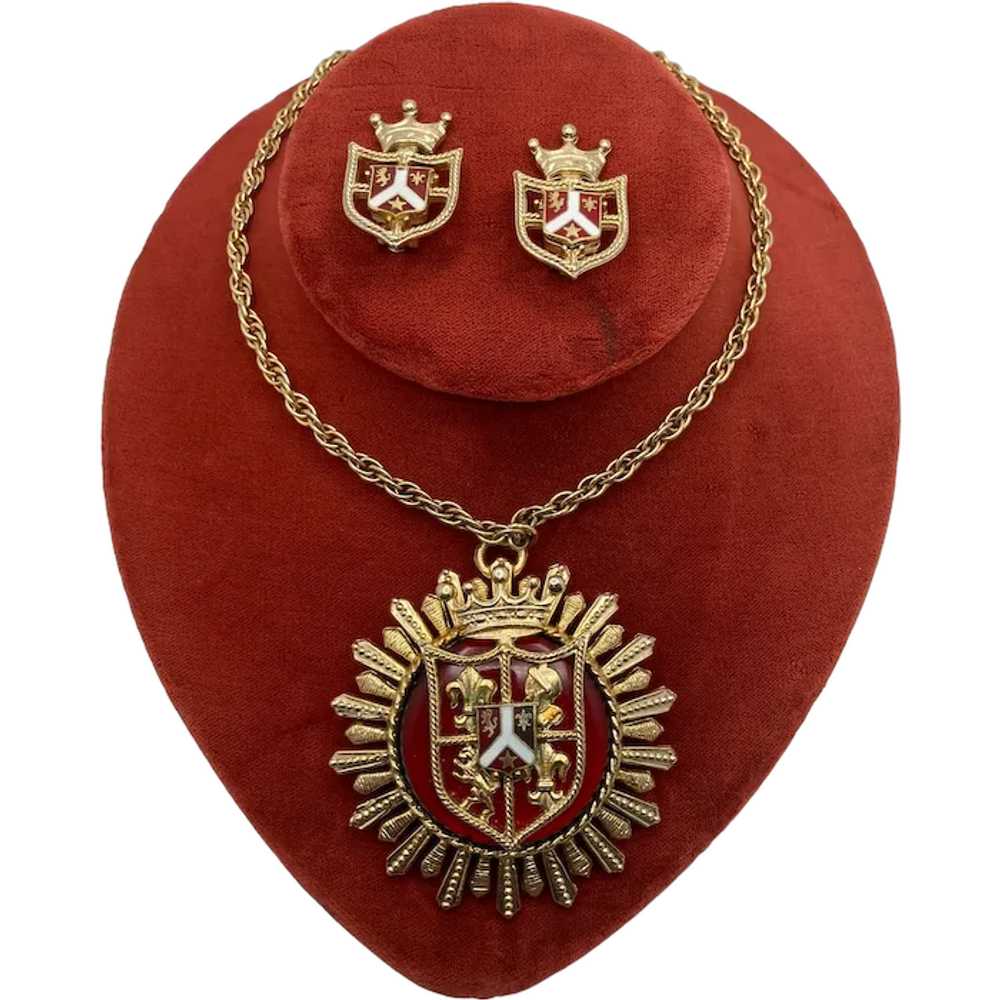 Vintage Coro Gold Tone and Red Enamel Coat of Arm… - image 1
