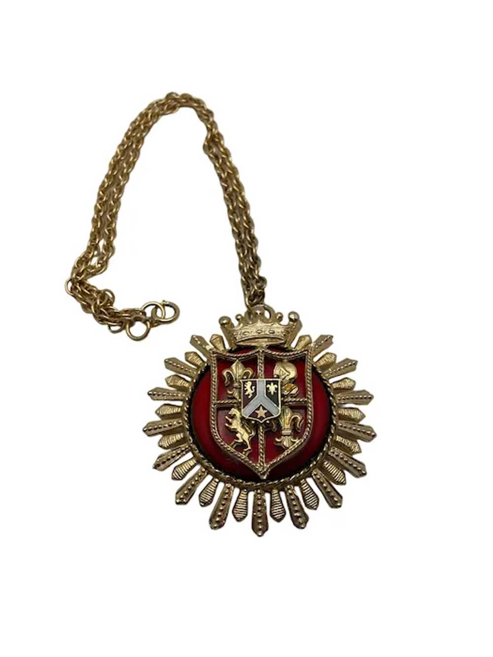 Vintage Coro Gold Tone and Red Enamel Coat of Arm… - image 5