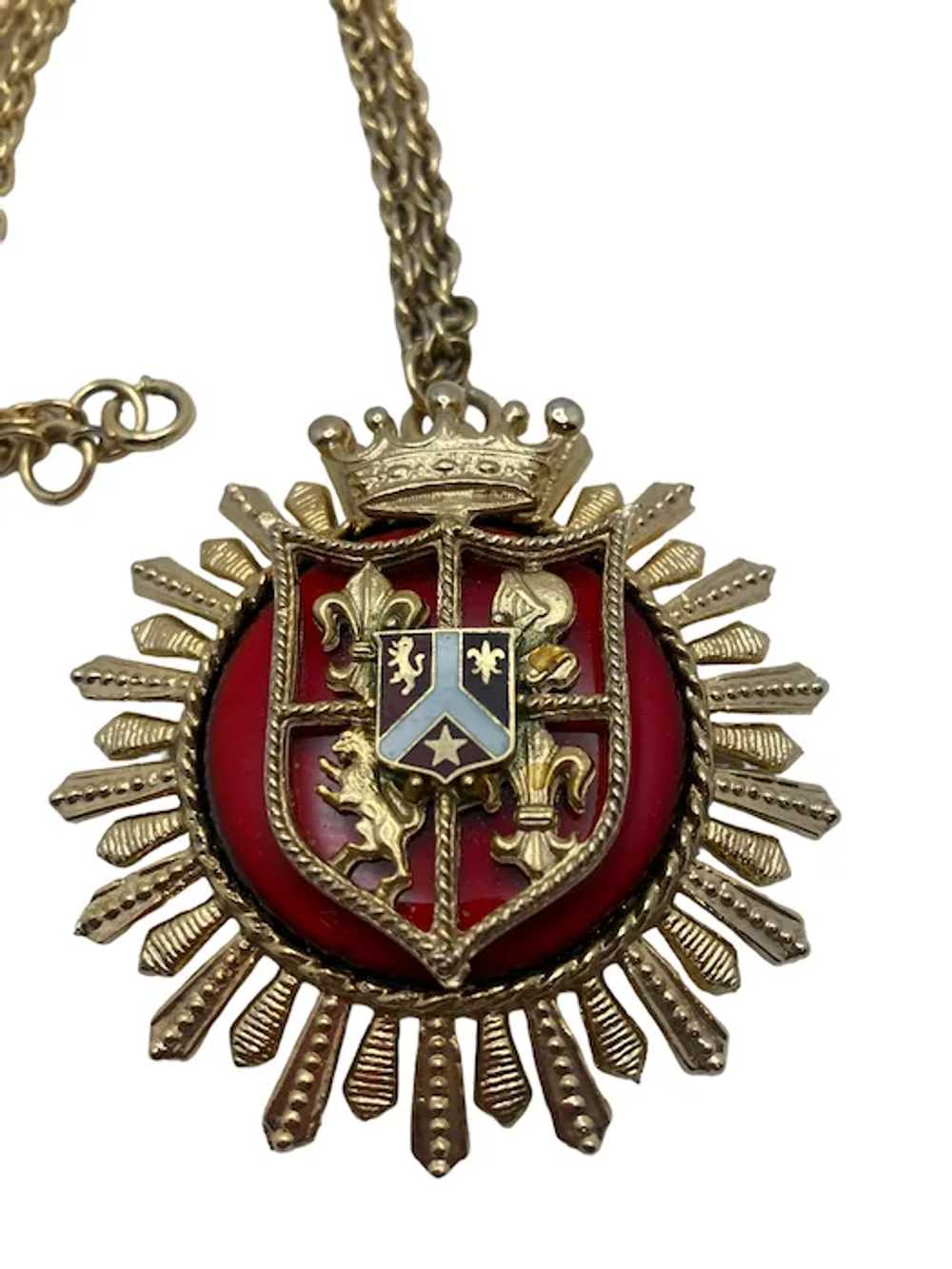 Vintage Coro Gold Tone and Red Enamel Coat of Arm… - image 6