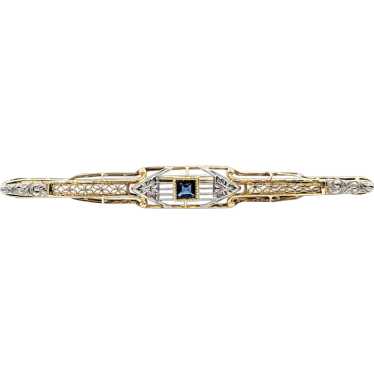 Art Deco Lab Created Sapphire & Filigree Pin Brooc