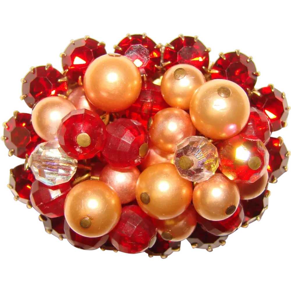 Fabulous RED RHINESTONE Bead Cluster Vintage Broo… - image 1