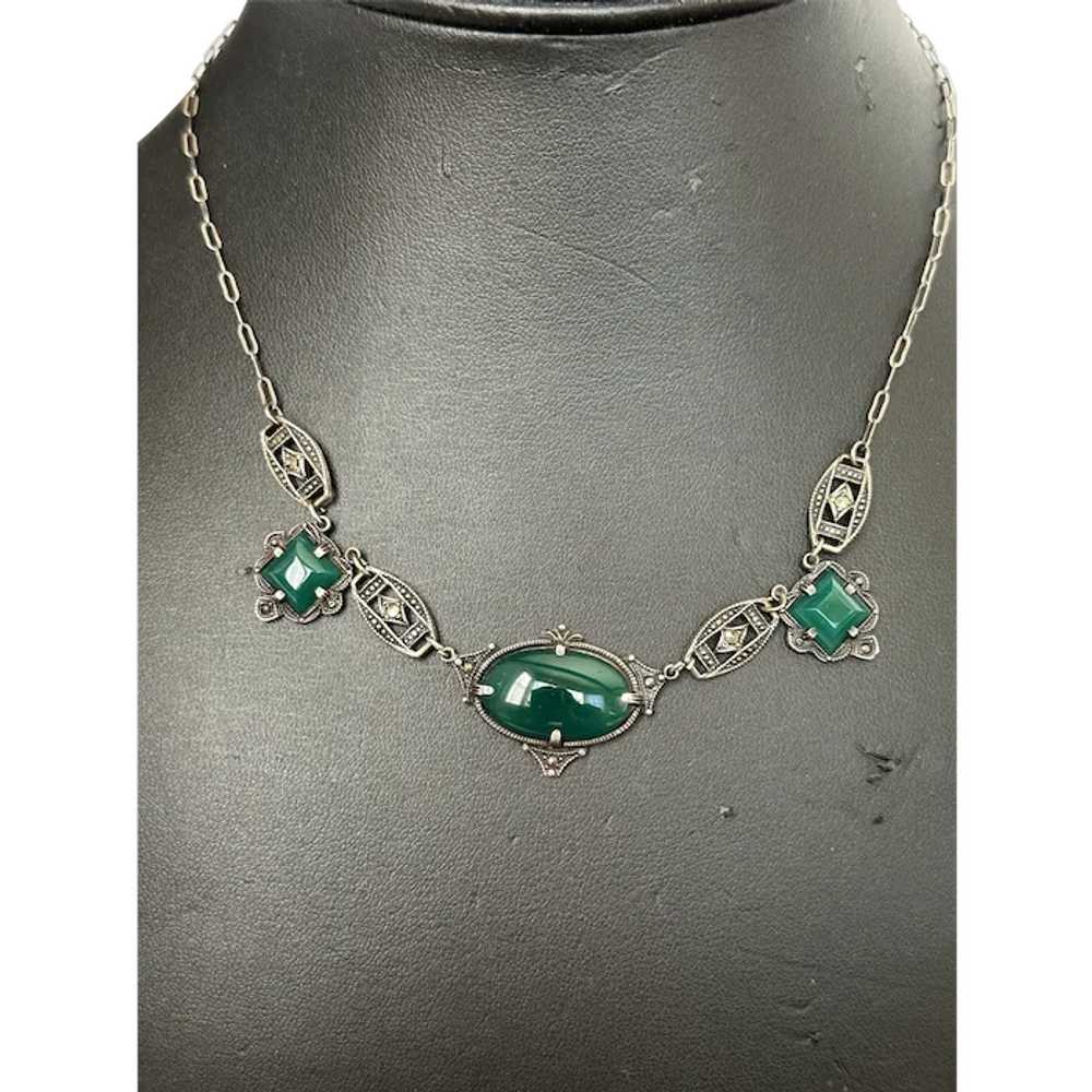Art Deco Sterling Chrysoprase and Marcasite Neckl… - image 1