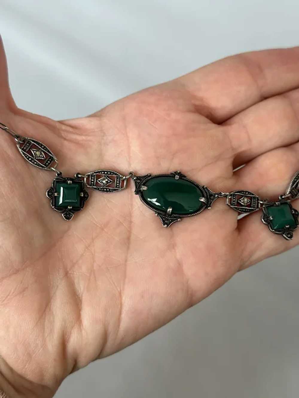 Art Deco Sterling Chrysoprase and Marcasite Neckl… - image 3