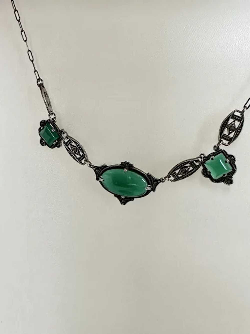 Art Deco Sterling Chrysoprase and Marcasite Neckl… - image 6