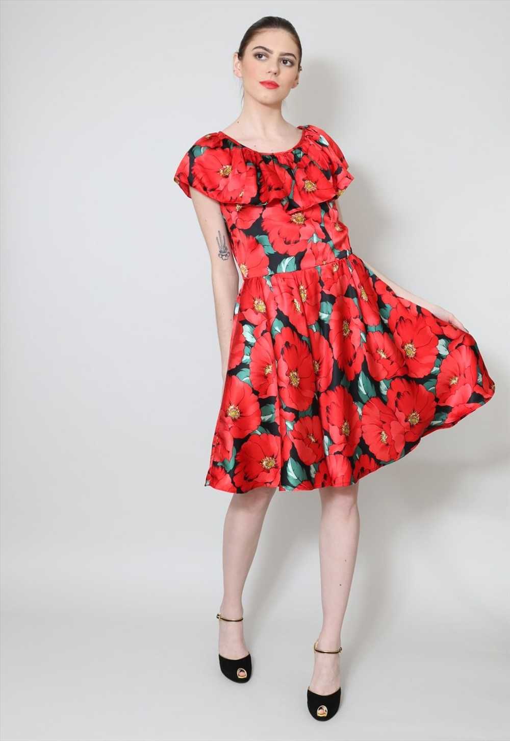 80's Vintage Dress Red Floral Ruffle Collar Mini - image 1