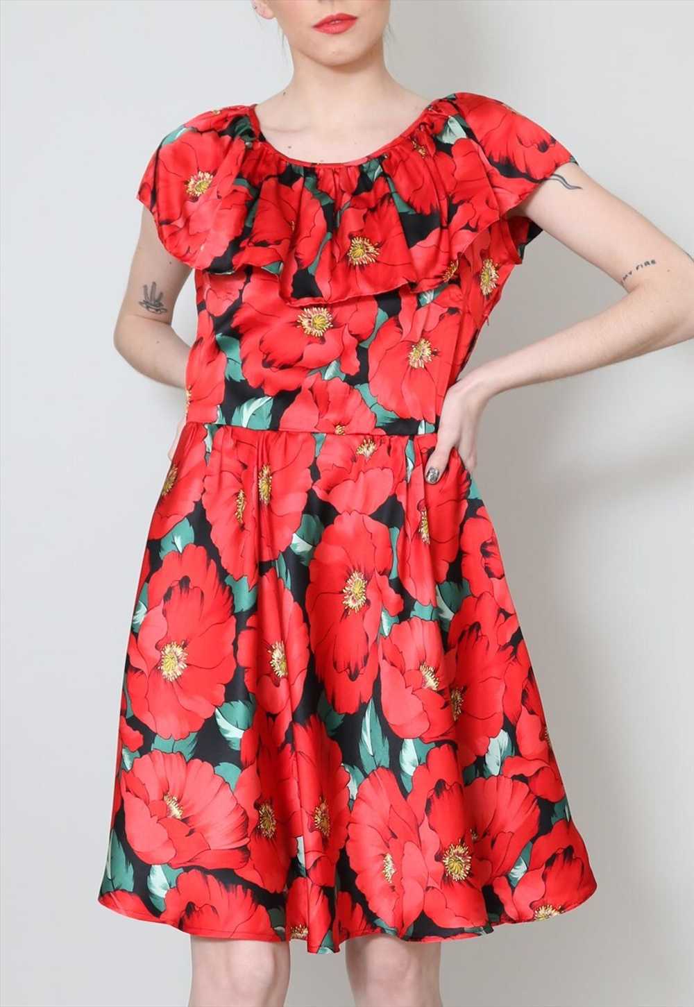 80's Vintage Dress Red Floral Ruffle Collar Mini - image 2
