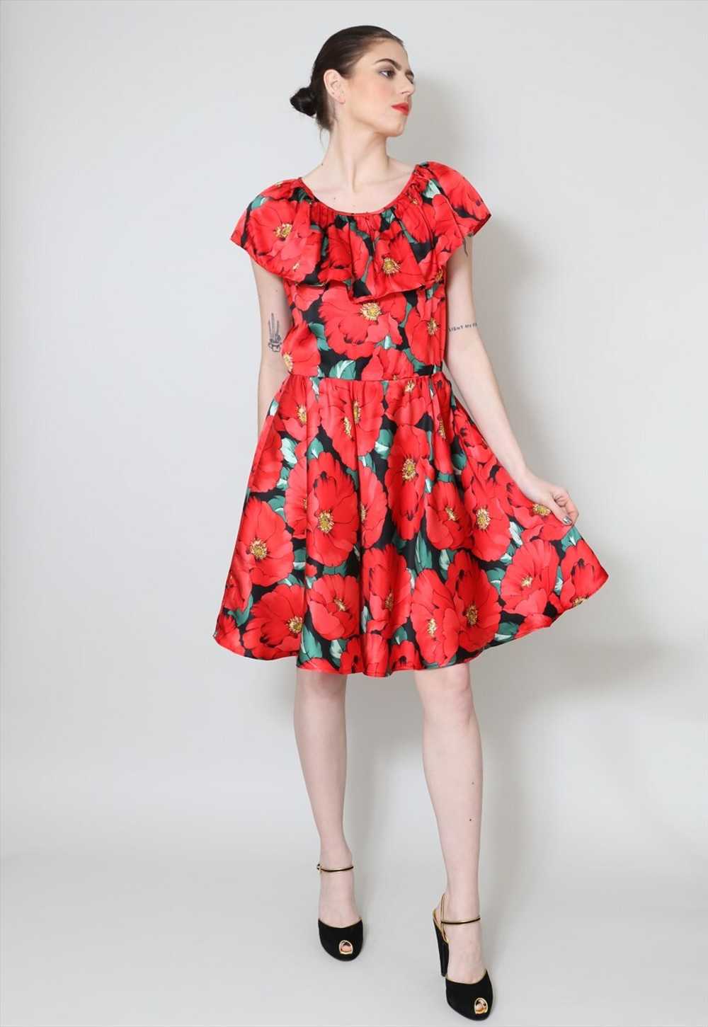 80's Vintage Dress Red Floral Ruffle Collar Mini - image 3