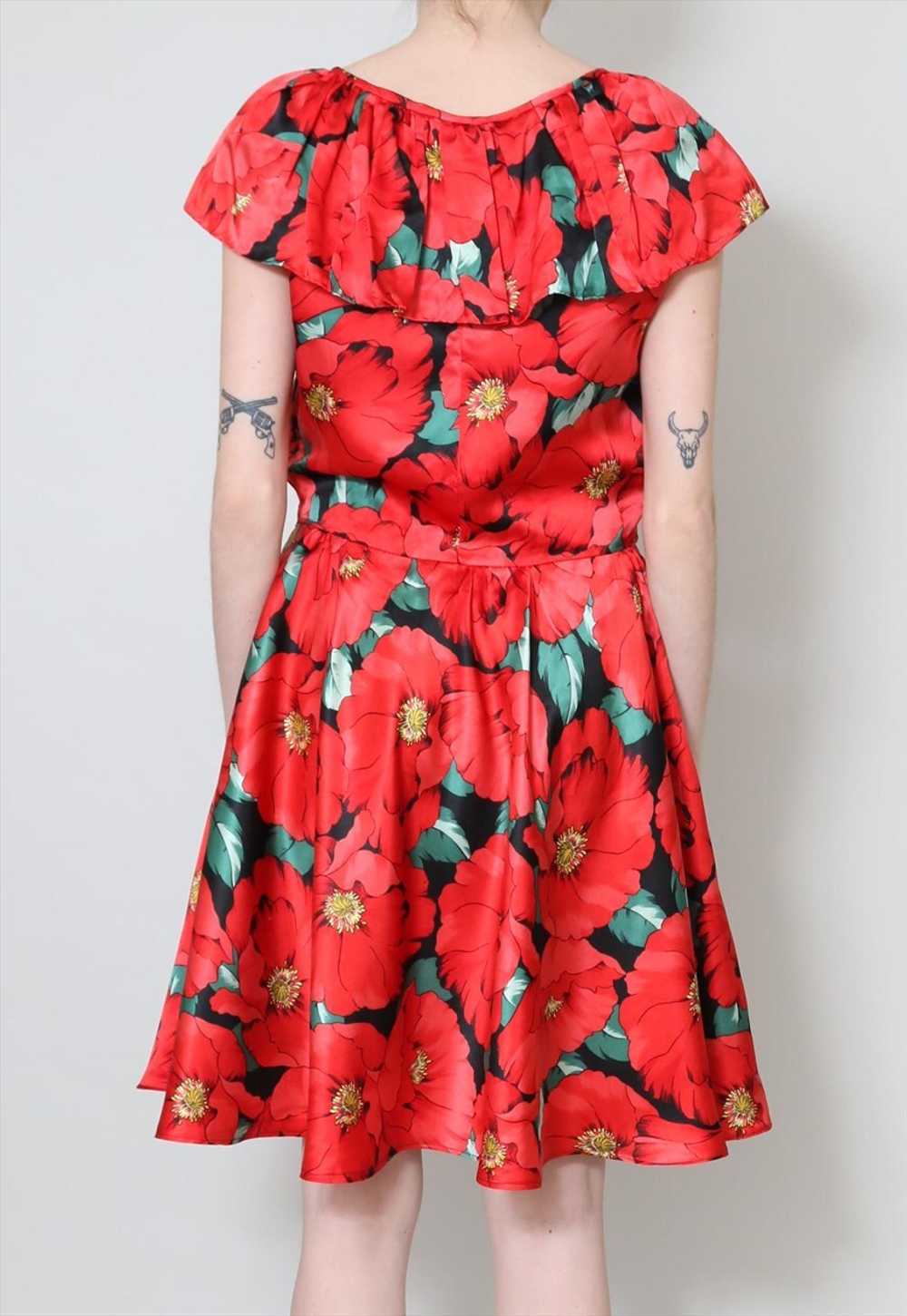 80's Vintage Dress Red Floral Ruffle Collar Mini - image 4