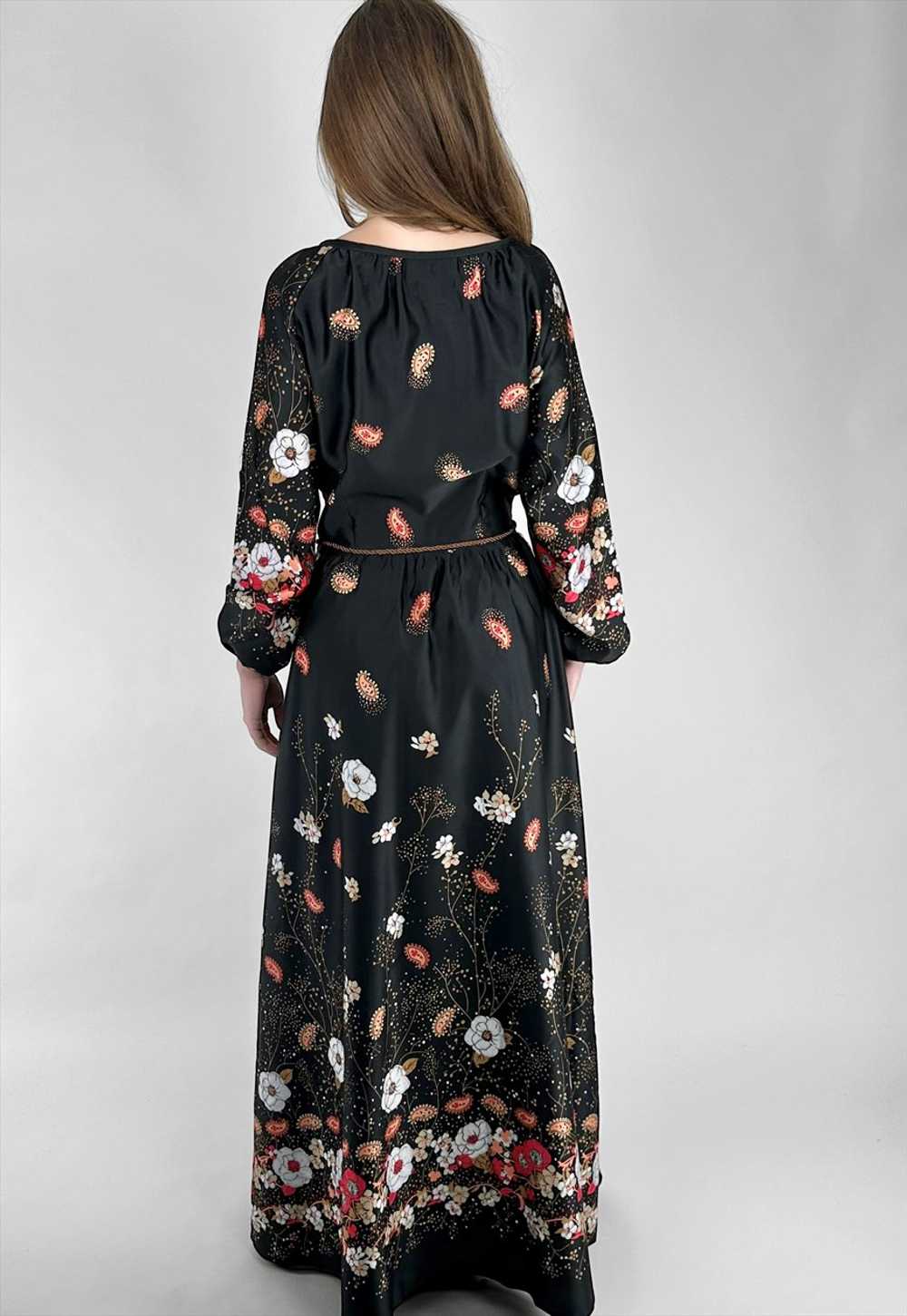 70's Vintage Ladies Black Floral Bell Sleeve Maxi… - image 3