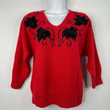 Vintage 80s Le Chois Red Silk Angora Black Beaded… - image 1
