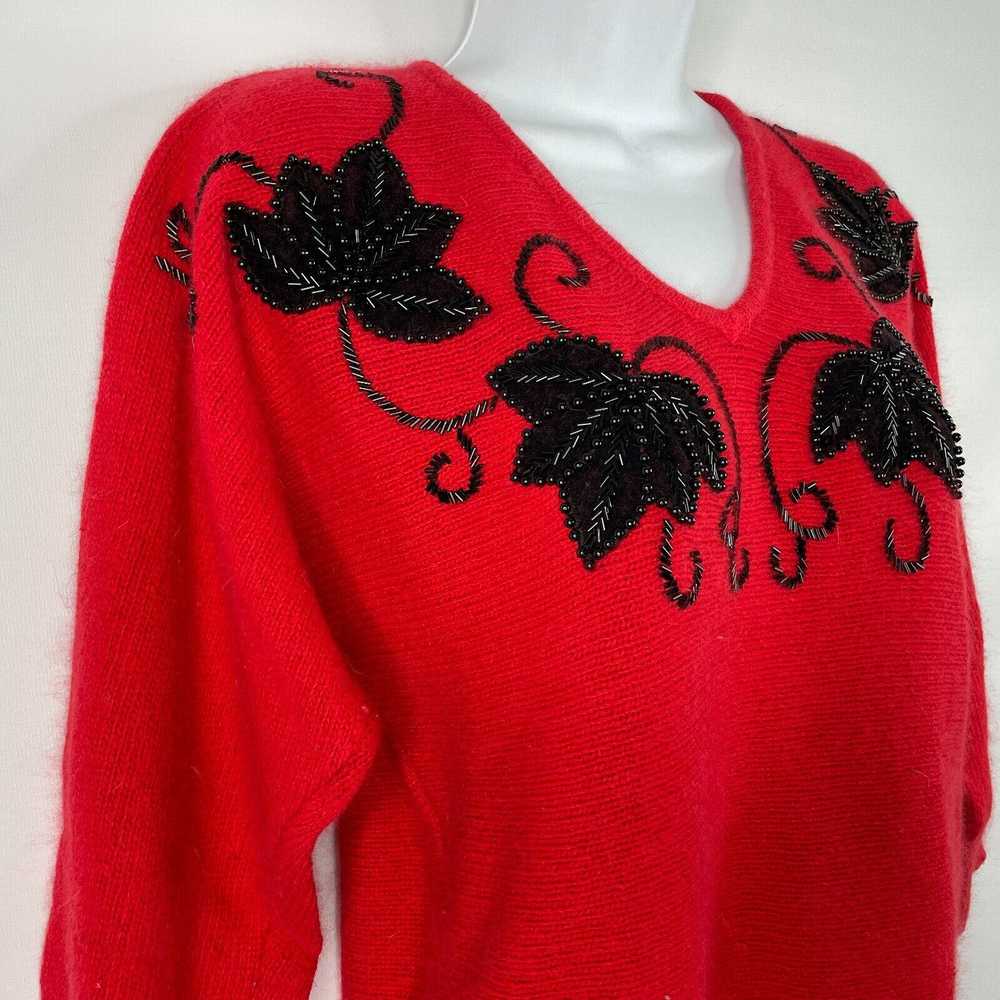 Vintage 80s Le Chois Red Silk Angora Black Beaded… - image 4