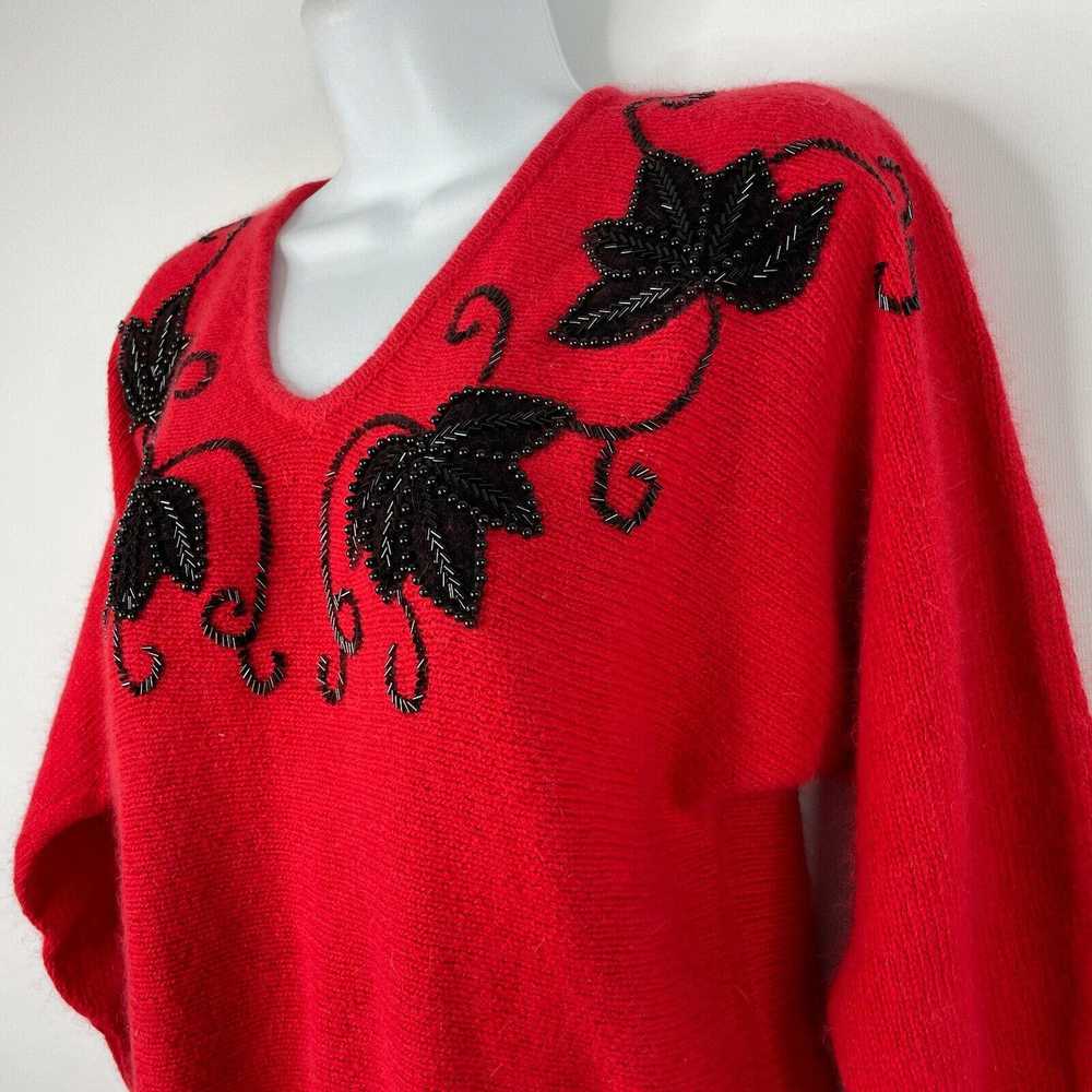 Vintage 80s Le Chois Red Silk Angora Black Beaded… - image 6