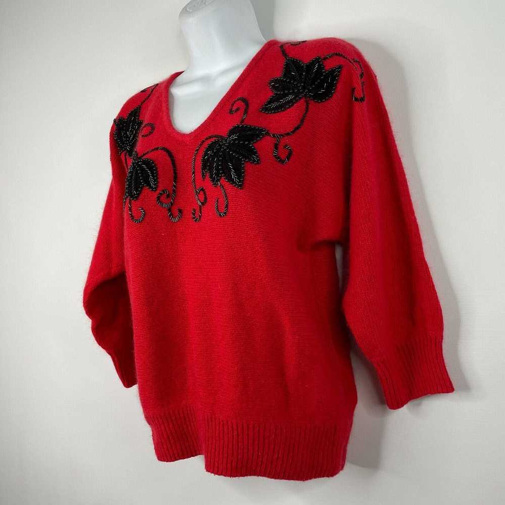 Vintage 80s Le Chois Red Silk Angora Black Beaded… - image 7