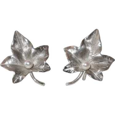 HSB Sterling Leaf Earrings w Cultured Pearl - image 1