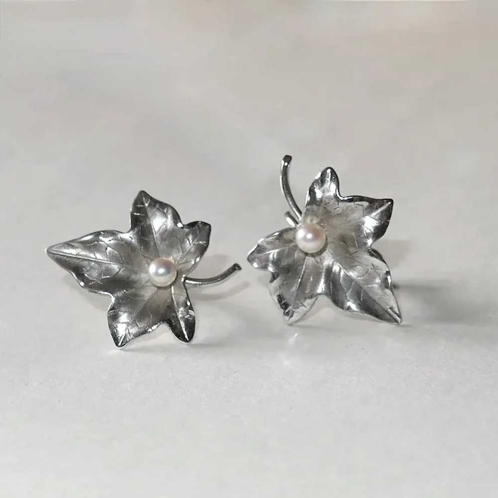 HSB Sterling Leaf Earrings w Cultured Pearl - image 3