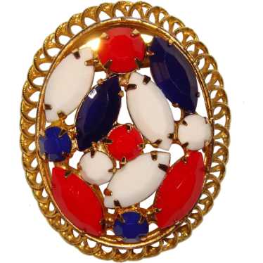 Vintage Red White top and Blue enameled brooch and earrings