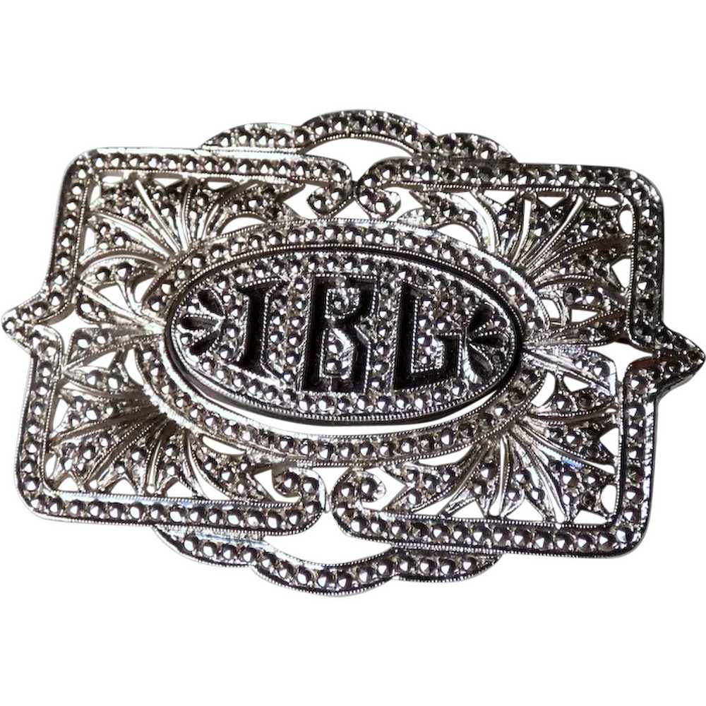 Art Deco Sterling & Marcasite Monogrammed Pin - image 1