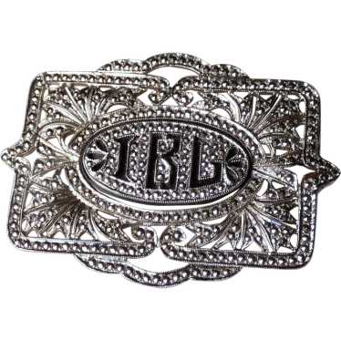 Art Deco Sterling & Marcasite Monogrammed Pin - image 1