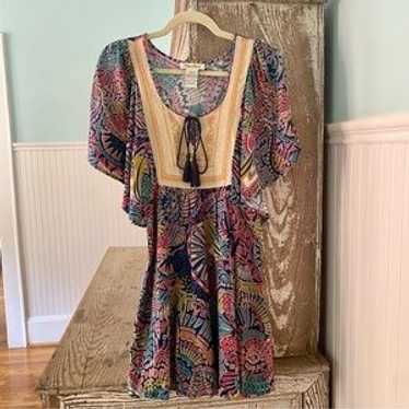 Multicolor Patterned Boho Flutter Sleeve Mini Dre… - image 1