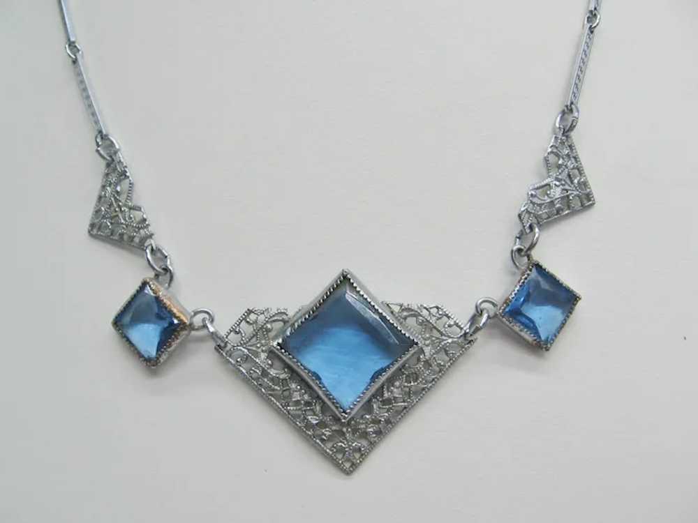 Vintage Art Deco Blue Glass Open Pierce Work Neck… - image 2