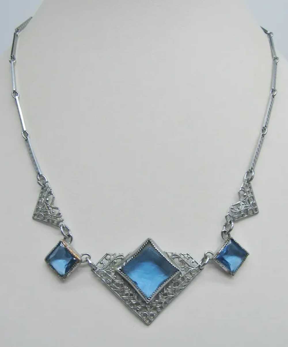 Vintage Art Deco Blue Glass Open Pierce Work Neck… - image 3