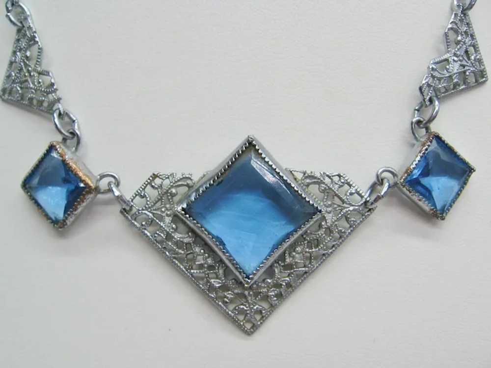 Vintage Art Deco Blue Glass Open Pierce Work Neck… - image 5