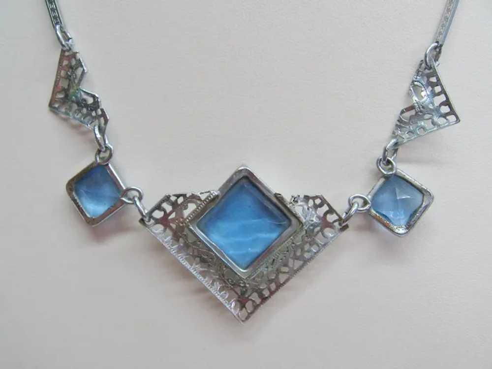 Vintage Art Deco Blue Glass Open Pierce Work Neck… - image 6