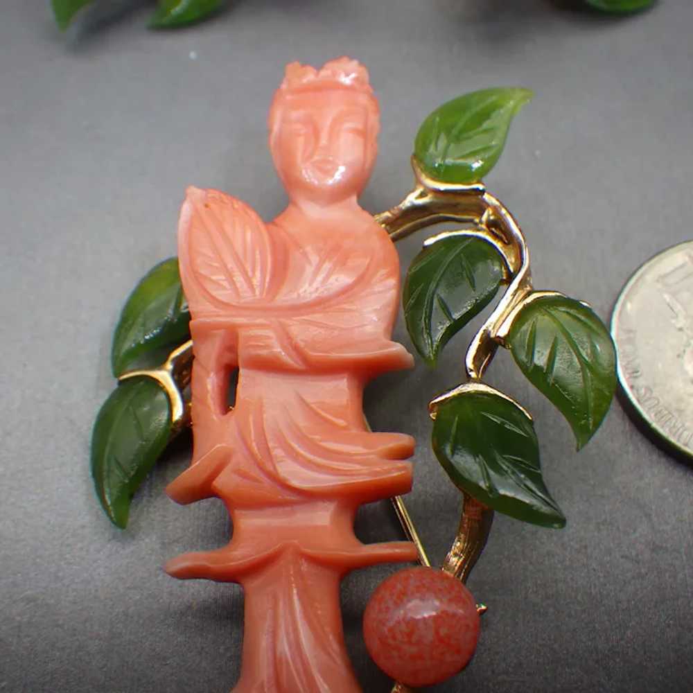 Very Rare Carved Coral and Jade Set, Brooch and C… - image 3