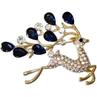 Christmas Leaping Reindeer Brooch Pin Blue Clear R