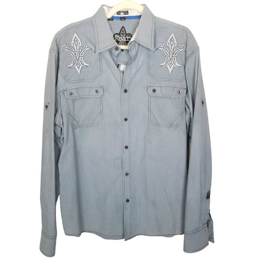 Roar Roar Mens XL Blue Embroidered Button Up Shir… - image 1