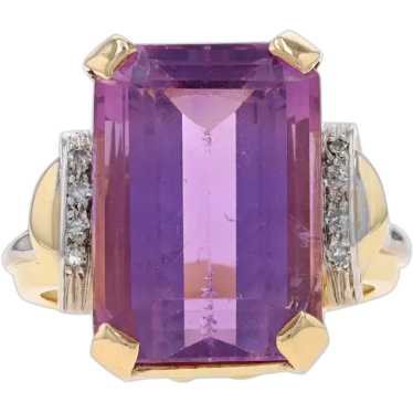 Yellow Gold Amethyst & Diamond Retro Ring - 14k E… - image 1