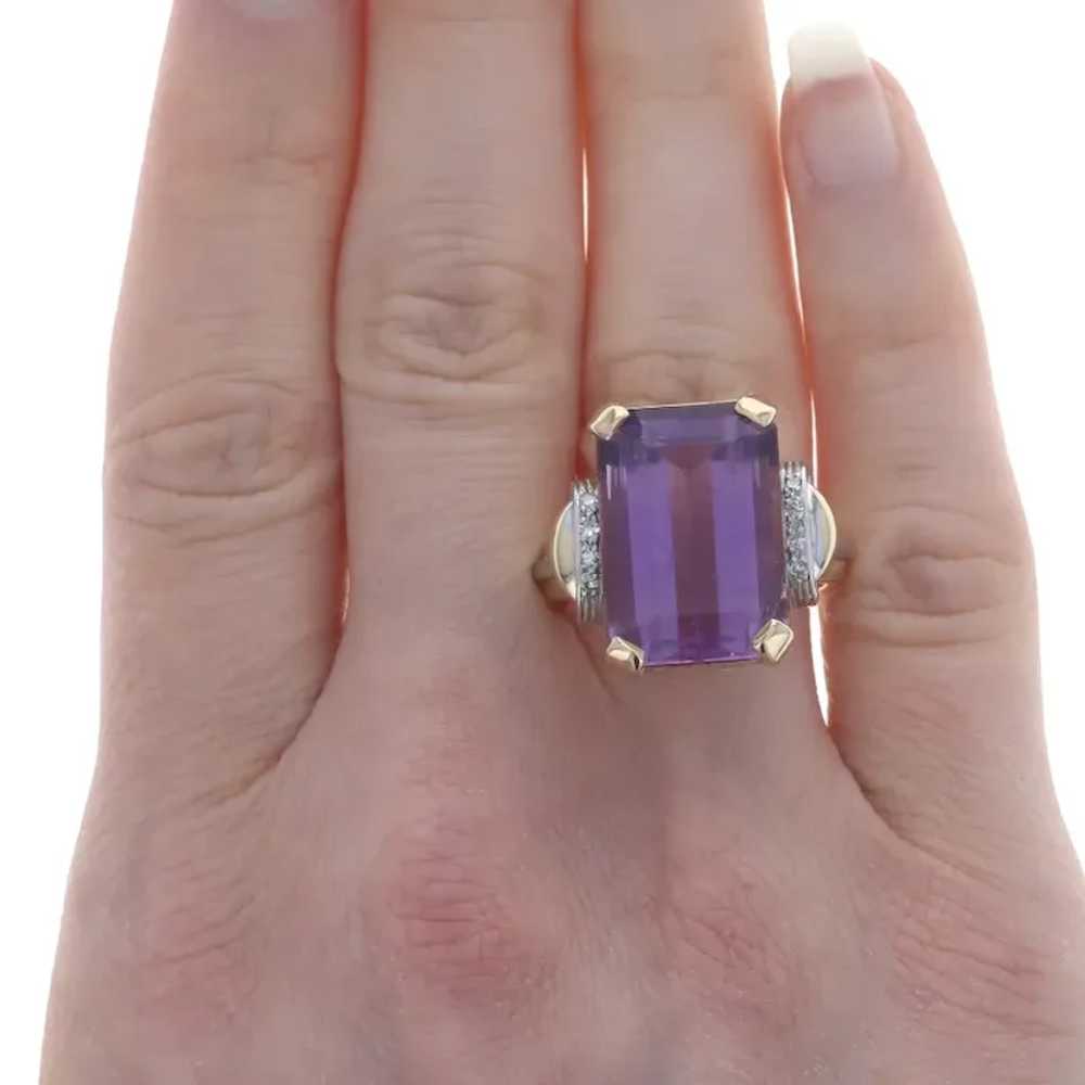 Yellow Gold Amethyst & Diamond Retro Ring - 14k E… - image 2