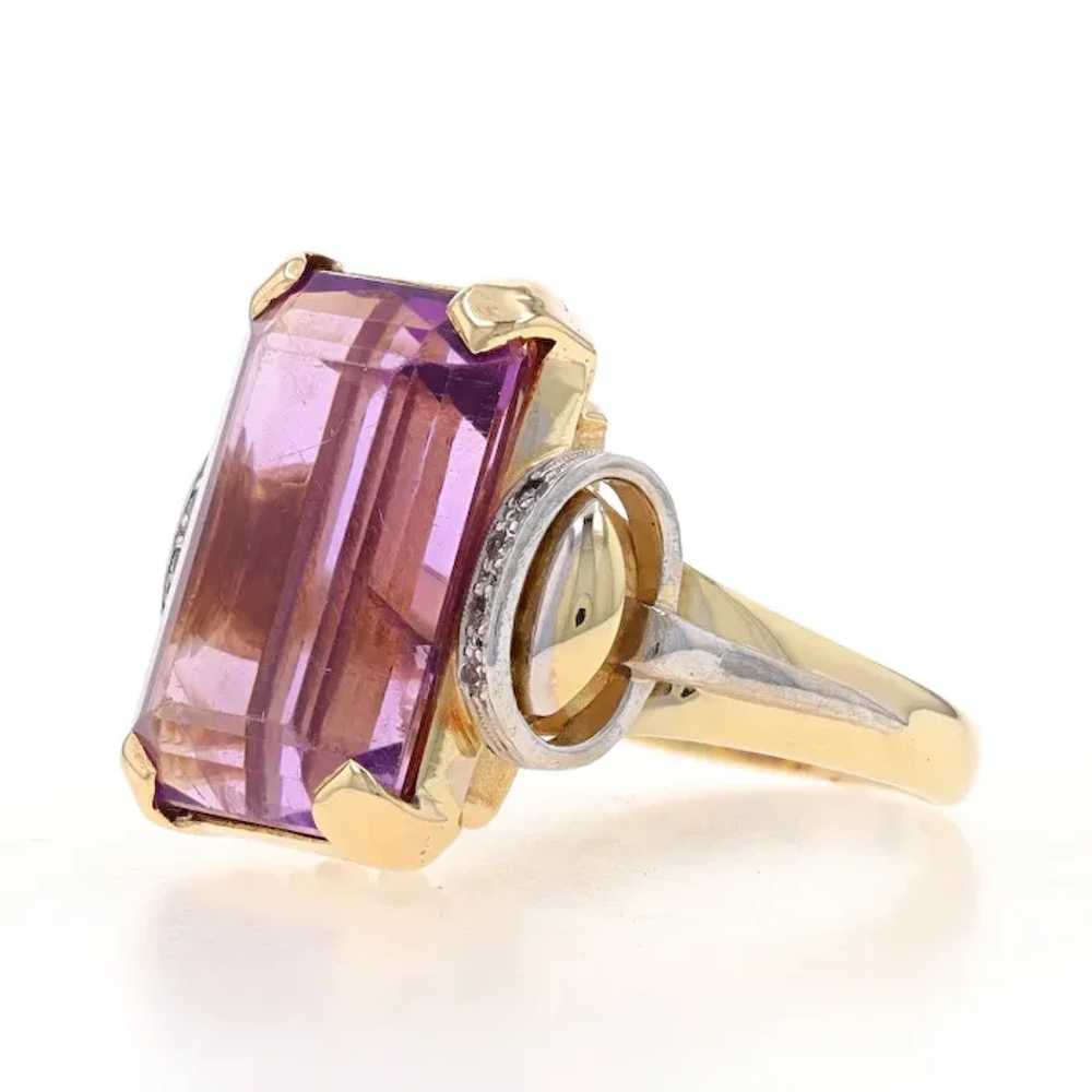 Yellow Gold Amethyst & Diamond Retro Ring - 14k E… - image 3