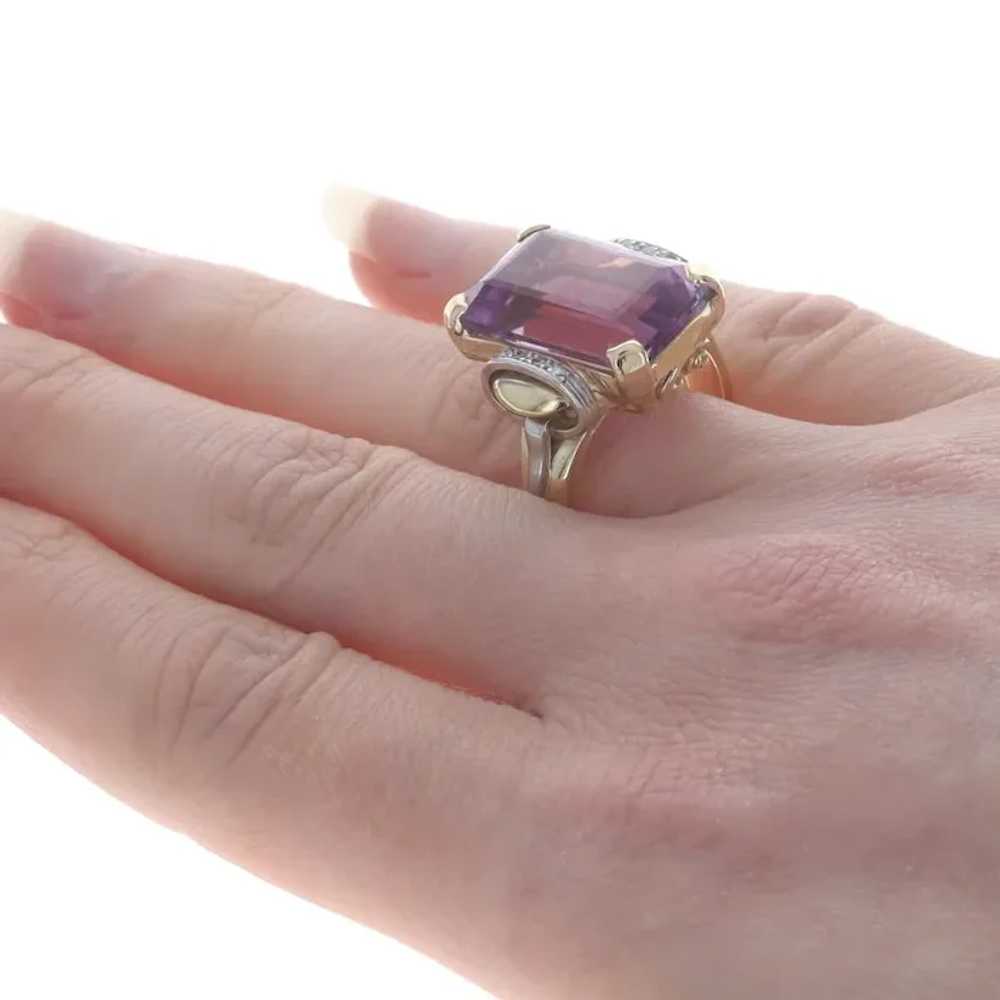 Yellow Gold Amethyst & Diamond Retro Ring - 14k E… - image 4