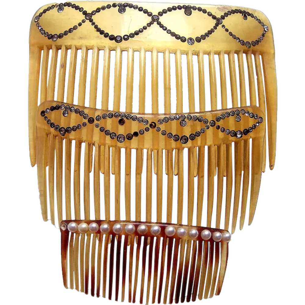 Three blonde celluloid hair combs early 20th cent… - image 1