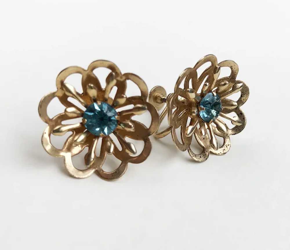 Gold flower earrings clip on, vintage blue crysta… - image 11