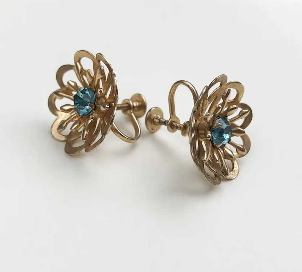 Gold flower earrings clip on, vintage blue crysta… - image 12