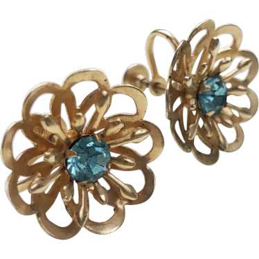 Gold flower earrings clip on, vintage blue crysta… - image 1