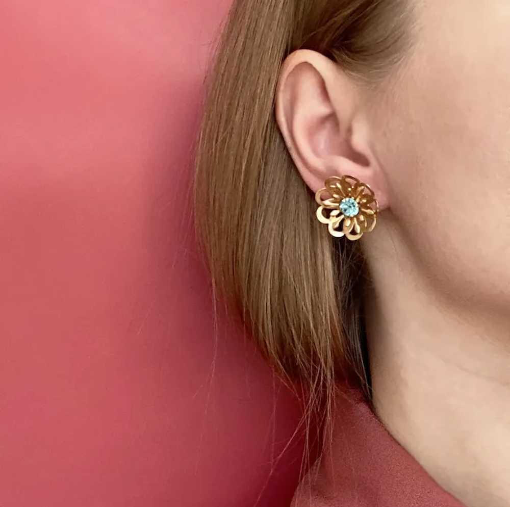 Gold flower earrings clip on, vintage blue crysta… - image 3