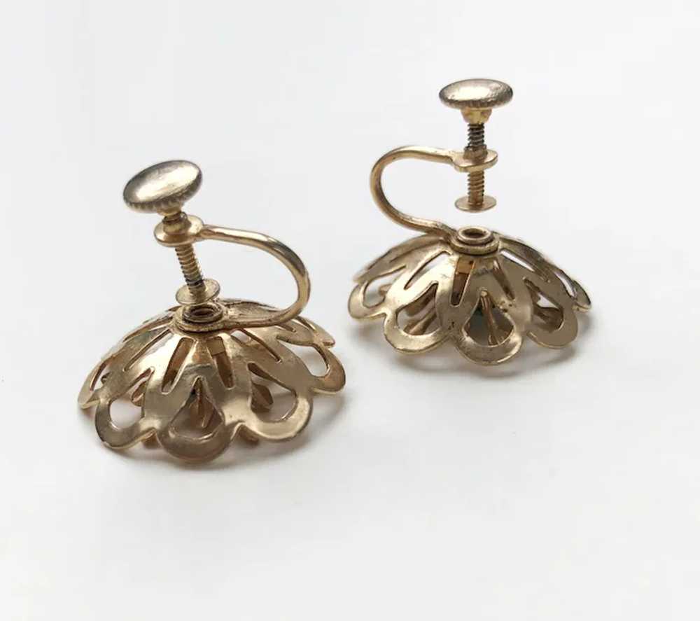 Gold flower earrings clip on, vintage blue crysta… - image 6