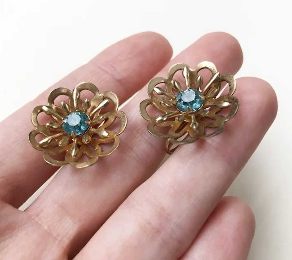 Gold flower earrings clip on, vintage blue crysta… - image 7